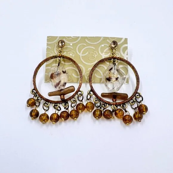 NWT - Charming Charlie - BOHO Vibes Brown & Amber Beaded Chandelier Earrings - Picture 4 of 7